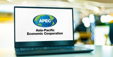 POZNAN, POL - JUL 20, 2022: Laptop computer displaying logo of The Asia-Pacific Economic Cooperation, an inter-governmental forum for 21 member economies in the Pacific Rim