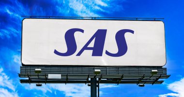 POZNAN, POL - JUN 23, 2022: Advertisement billboard displaying logo of Scandinavian Airlines, the flag carrier of Denmark, Norway, and Sweden