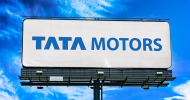 POZNAN, POL - JUN 28, 2022: Advertisement billboard displaying logo of Tata Motors, a multinational automotive manufacturing company, headquartered in the city of Mumbai, India