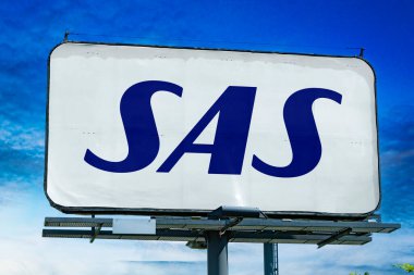 POZNAN, POL - JUN 23, 2022: Advertisement billboard displaying logo of Scandinavian Airlines, the flag carrier of Denmark, Norway, and Sweden