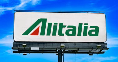 POZNAN, POL - JUN 23, 2022: Advertisement billboard displaying logo of Alitalia, an airline which was once the flag carrier and largest airline of Italy