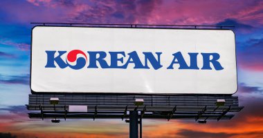 POZNAN, POL - JUN 23, 2022: Advertisement billboard displaying logo of Korean Air, the largest airline and flag carrier of South Korea