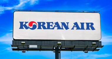 POZNAN, POL - JUN 23, 2022: Advertisement billboard displaying logo of Korean Air, the largest airline and flag carrier of South Korea