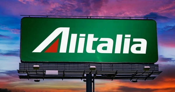 Poznan Pol Jun 2022 Advertisement Billboard Displaying Logo Alitalia Airline — Stock Photo, Image