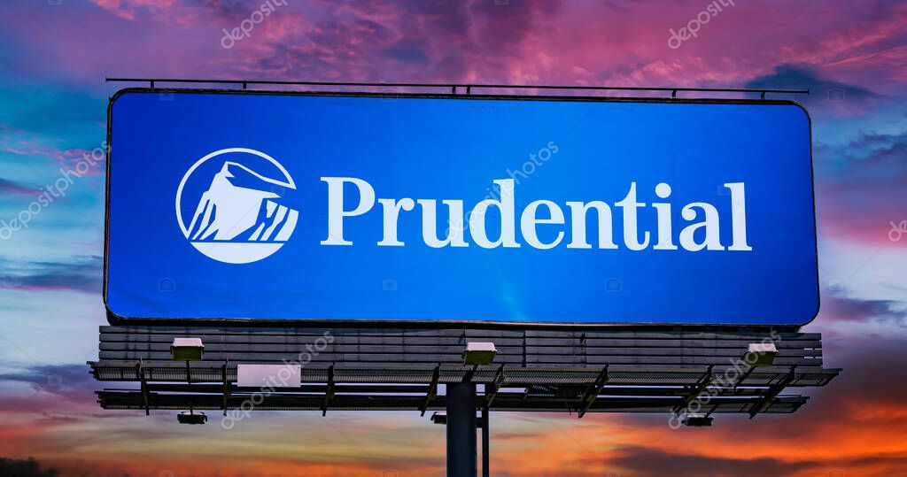 POZNAN, POL - JUN 28, 2022: Advertisement billboard displaying logo of Prudential Financial, a company whose subsidiaries provide financial services