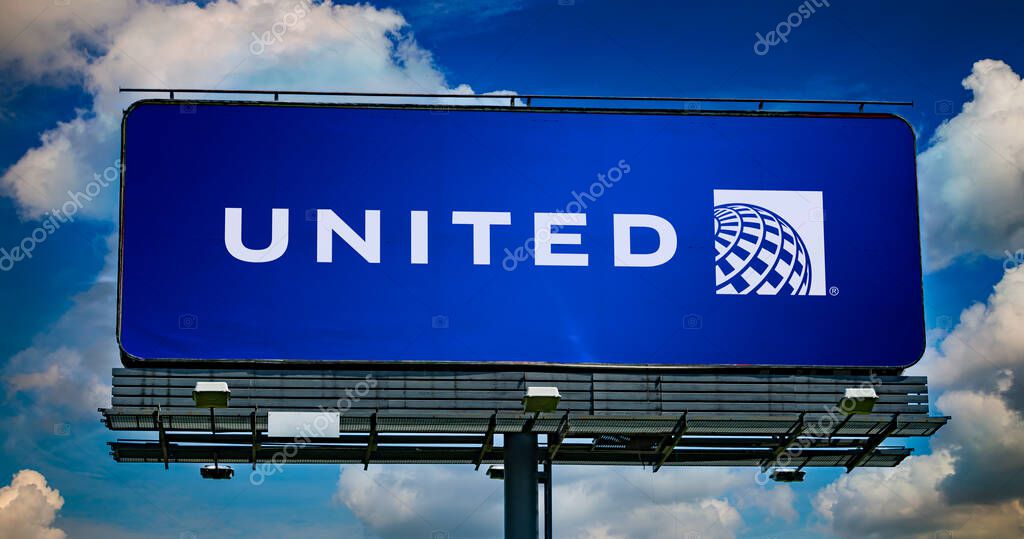 POZNAN, POL - JUN 23, 2022: Advertisement billboard displaying logo of United Airlines, a major U.S. airline headquartered at Willis Tower in Chicago, Illinois