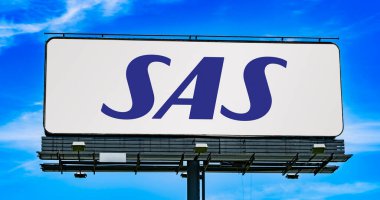 POZNAN, POL - JUN 23, 2022: Advertisement billboard displaying logo of Scandinavian Airlines, the flag carrier of Denmark, Norway, and Sweden