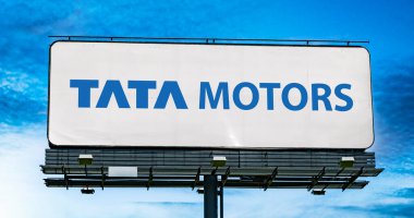 POZNAN, POL - JUN 28, 2022: Advertisement billboard displaying logo of Tata Motors, a multinational automotive manufacturing company, headquartered in the city of Mumbai, India