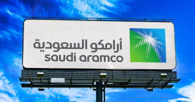 POZNAN, POL - JUL 20, 2022: Advertisement billboard displaying logo of Saudi Aramco, a Saudi Arabian public petroleum and natural gas company based in Dhahran