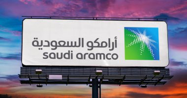 POZNAN, POL - JUL 20, 2022: Advertisement billboard displaying logo of Saudi Aramco, a Saudi Arabian public petroleum and natural gas company based in Dhahran