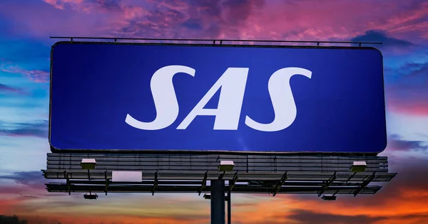 Poznan Pol Jun 2022 Advertisement Billboard Displaying Logo Scandinavian Airlines — Foto de Stock