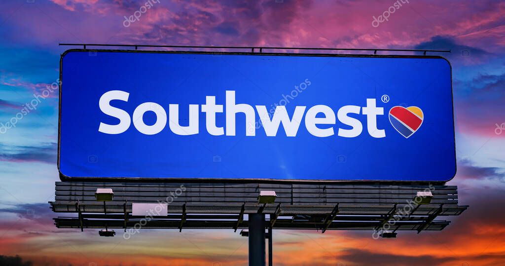 POZNAN, POL - JUN 23, 2022: Advertisement billboard displaying logo of Southwest Airlines, one of the major airlines of the US and the world's largest low-cost carrier