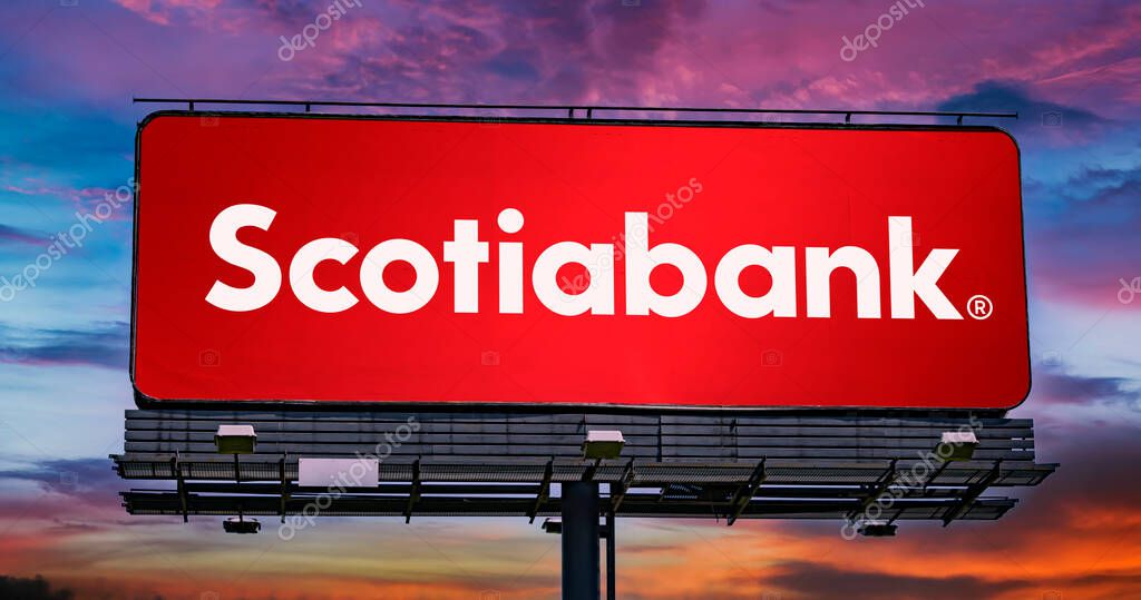 POZNAN, POL - JUL 20, 2022: Advertisement billboard displaying logo of Scotiabank, a Canadian multinational banking and financial services company headquartered in Toronto, Ontario
