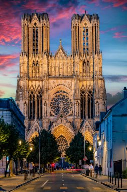 REIMS, FRANCE - AUG 6, 2022: Cathedral of Our Lady of Reims, France after sunset