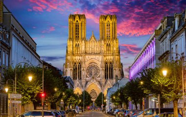 REIMS, FRANCE - AUG 6, 2022: Cathedral of Our Lady of Reims, France after sunset