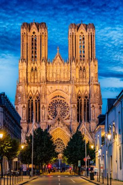 REIMS, FRANCE - AUG 6, 2022: Cathedral of Our Lady of Reims, France after sunset