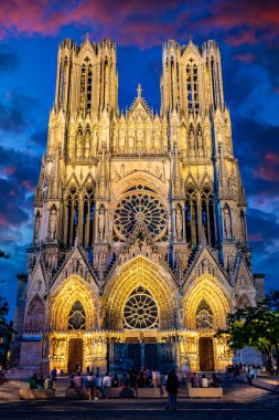 REIMS, FRANCE - AUG 6, 2022: Cathedral of Our Lady of Reims, France after sunset