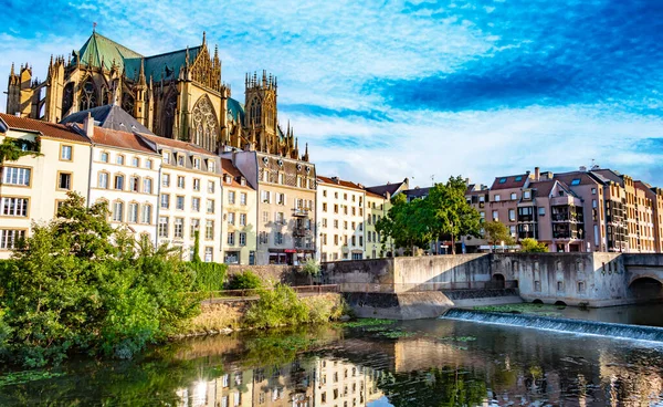 METZ, FRANCE - AUG 5, 2022: The architecture of Metz with the Cathedral of Saint Stephen, France