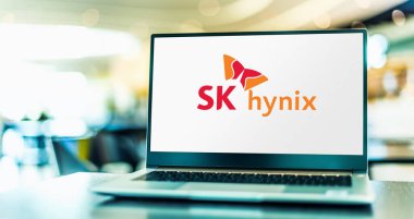 POZNAN, POL - AUG 2, 2022: Laptop computer displaying logo of SK hynix, a South Korean supplier of dynamic random-access memory (DRAM) chips and flash memory chips