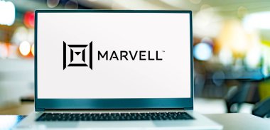POZNAN, POL - AUG 2, 2022: Laptop computer displaying logo of Marvell Technology, a company, headquartered in Santa Clara, California, which develops and produces semiconductors and related technology