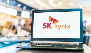 POZNAN, POL - AUG 2, 2022: Laptop computer displaying logo of SK hynix, a South Korean supplier of dynamic random-access memory (DRAM) chips and flash memory chips