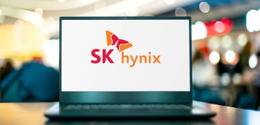 POZNAN, POL - AUG 2, 2022: Laptop computer displaying logo of SK hynix, a South Korean supplier of dynamic random-access memory (DRAM) chips and flash memory chips