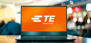 POZNAN, POL - AUG 2, 2022: Laptop computer displaying logo of TE Connectivity, an American Swiss-domiciled technology company that designs and manufactures connectors and sensors