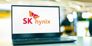 POZNAN, POL - AUG 2, 2022: Laptop computer displaying logo of SK hynix, a South Korean supplier of dynamic random-access memory (DRAM) chips and flash memory chips