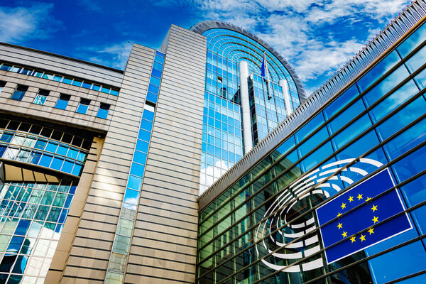 BRUSSELS, BELGIUM - AUG 20, 2022: Espace Leopold, the European Parliament buildings in Brussels, Belgium