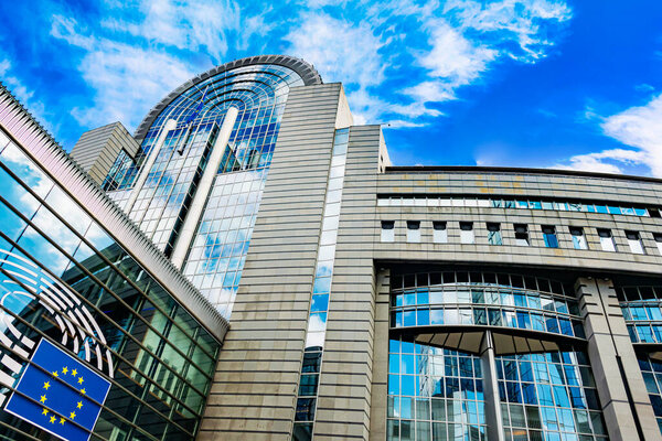 BRUSSELS, BELGIUM - AUG 20, 2022: Espace Leopold, the European Parliament buildings in Brussels, Belgium