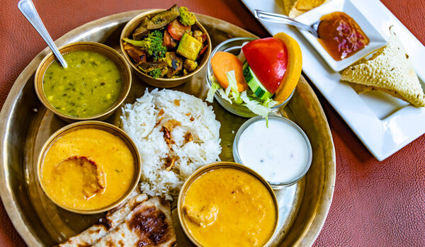North Indian style vegetarian thali served in a restaurant.