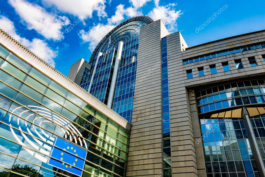 BRUSSELS, BELGIUM - AUG 20, 2022: Espace Leopold, the European Parliament buildings in Brussels, Belgium