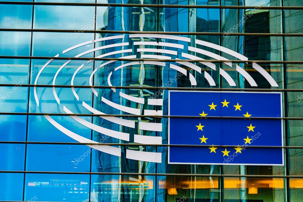 BRUSSELS, BELGIUM - AUG 20, 2022: Logo of European Parliament, displayed on the Paul-Henri Spaak building in Brussels, Belgium
