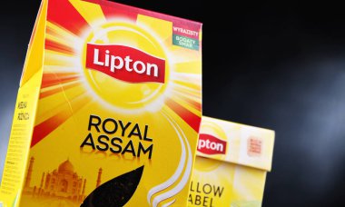 POZNAN, POL - 16 JUL 2022: 1890 'dan beri Lipton tarafından üretilen ünlü bir çay markası olan iki paket Lipton Tea, şu anda Anglo-Hollandalı çok uluslu şirket Unilever tarafından dünya çapında 150' den fazla ülkede satılıyor.