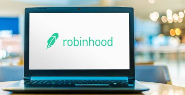 POZNAN, POL - NOV 12, 2020: Merkezi Menlo Park, Kaliforniya 'da bulunan Robinhood Markets, Inc.' nin dizüstü bilgisayarı.
