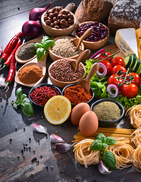 Composition with assorted organic food products on the table.