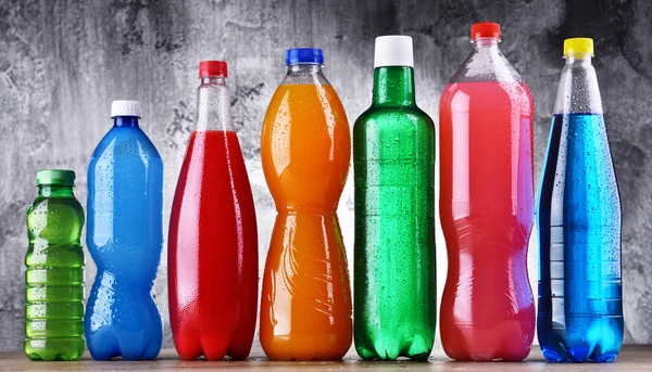 Plastic Bottles Assorted Carbonated Soft Drinks Variety Colors Stock Photo