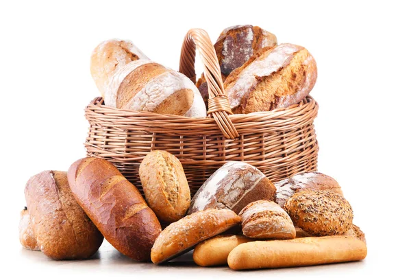 Wicker Basket Assorted Bakery Products Including Loafs Bread Rolls White — 图库照片