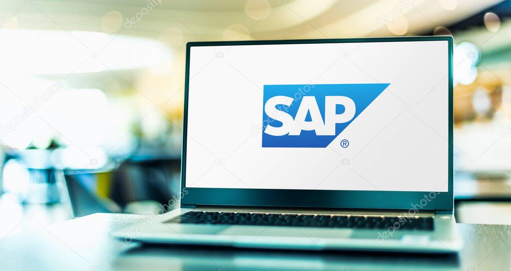 POZNAN, POL - JUL 10, 2021: Laptop computer displaying logo of SAP, a German multinational software corporation that makes enterprise software to manage business operations and customer relations