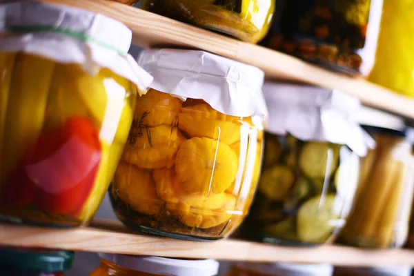 Jars Variety Marinated Vegetables Fruits Preserved Food — Stock Photo, Image