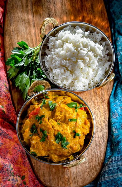 Curry Chicken Rice Served Original Indian Karahi Pots — Stock Photo, Image