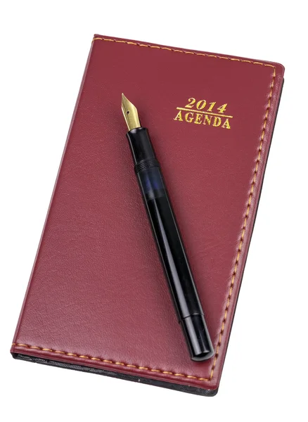 Skórzany notatnik i długopis na białym tle — Zdjęcie stockowe