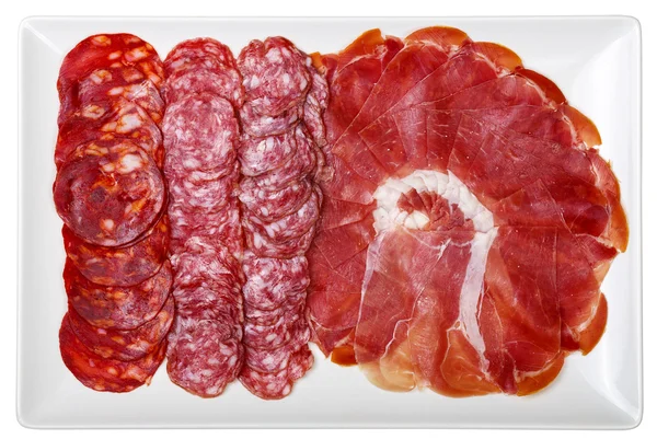 Plate of cold cuts ham sausage typical in Spain — Stock Photo, Image