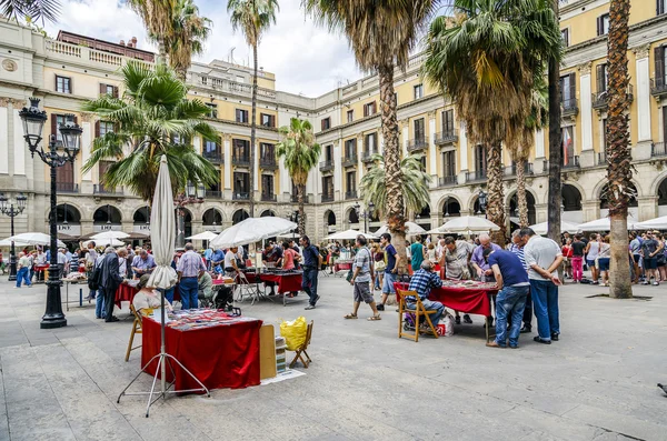 Plaza Real en Barcelona España, colección de sellos y monedas — Foto de Stock