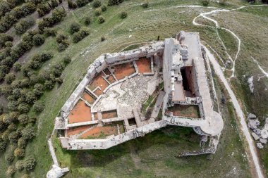 Aerial view of the ruins of an ancient medieval castle in Castrojeriz, Burgos, Spain. zenith view