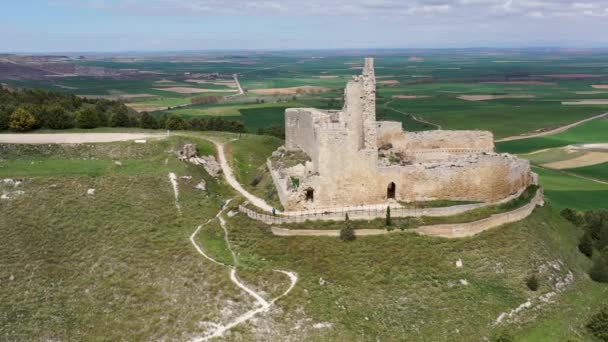 Luftaufnahme Der Ruinen Einer Mittelalterlichen Burg Castrojeriz Burgos Spanien — Stockvideo