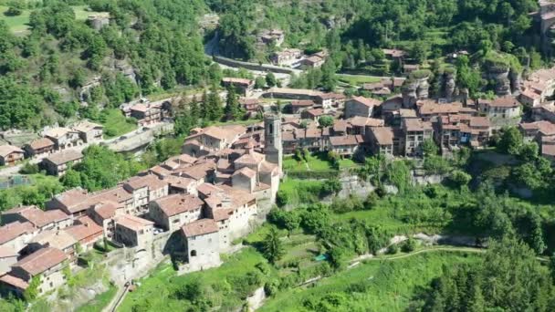 Aerial View Rupit Medieval Village Middle Nature Catalonia Osona Spain — Stock Video