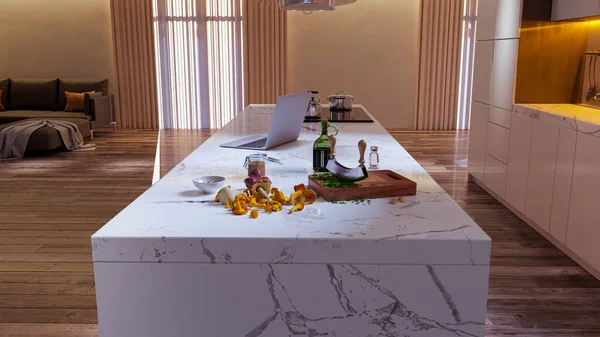 Fehér Márvány Konyha Pult Sziget Élelmiszer Dekoráció Modern Luxus Salb — Stock Fotó