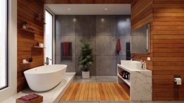 Modern bathroom interior design with vanity and bathtub. Residential bathroom in the new apartment building. Bathroom interior modern design with white marble counter.