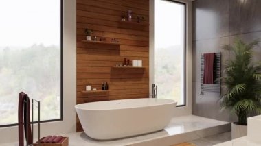 Beyaz küvetli modern banyo iç tasarımı. Yeni apartmanın banyosu. Banyo iç tasarımı beyaz mermer tezgahlı modern tasarım.